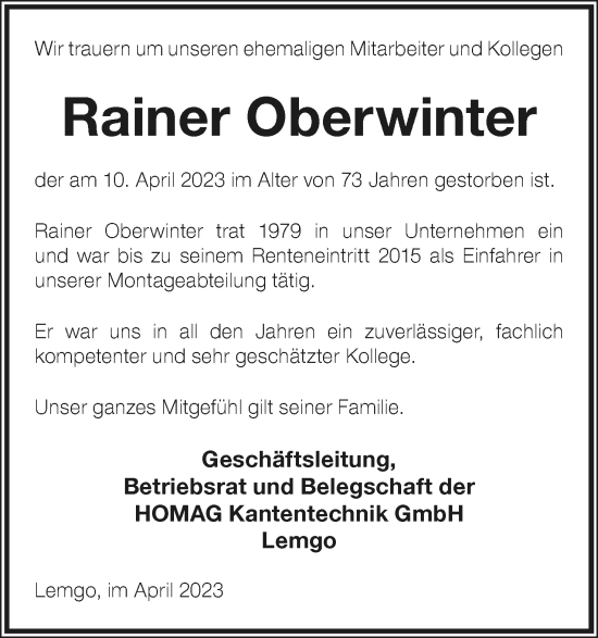 Anzeige  Rainer Oberwinter  Lippische Landes-Zeitung
