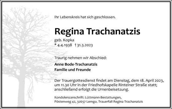Anzeige  Regina Trachanatzis  Lippische Landes-Zeitung