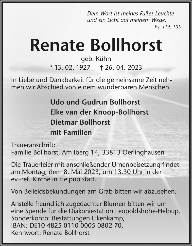  Traueranzeige für Renate Bollhorst vom 29.04.2023 aus Lippische Landes-Zeitung