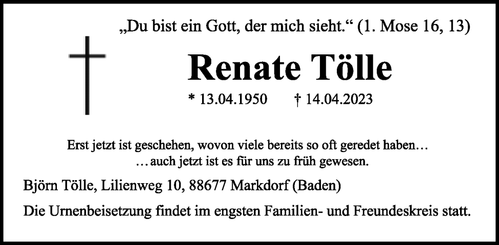 Traueranzeige für Renate Tölle vom 17.04.2023 aus Lippische Landes-Zeitung