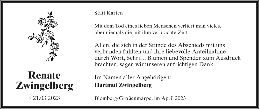  Traueranzeige für Renate Zwingelberg vom 29.04.2023 aus Lippische Landes-Zeitung