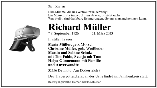Anzeige  Richard Müller  Lippische Landes-Zeitung