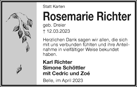 Anzeige  Rosemarie Richter  Lippische Landes-Zeitung