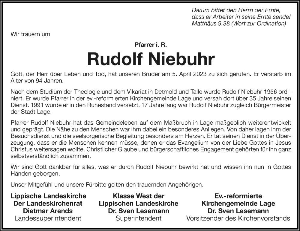  Traueranzeige für Rudolf Niebuhr vom 12.04.2023 aus Lippische Landes-Zeitung