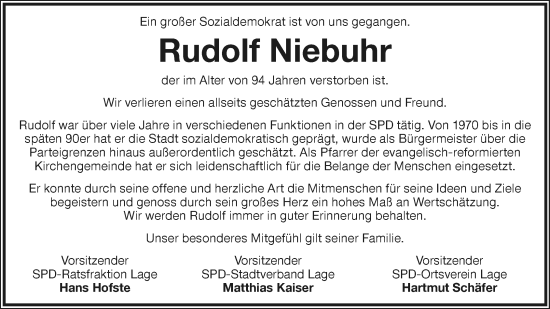Anzeige  Rudolf Niebuhr  Lippische Landes-Zeitung