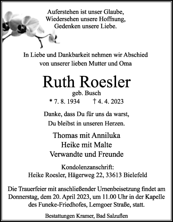 Anzeige  Ruth Roesler  Lippische Landes-Zeitung