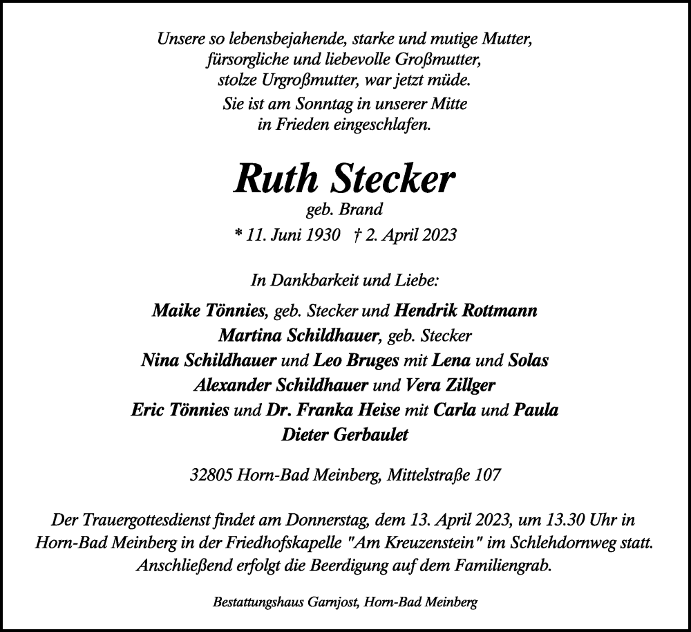  Traueranzeige für Ruth Stecker vom 07.04.2023 aus Lippische Landes-Zeitung