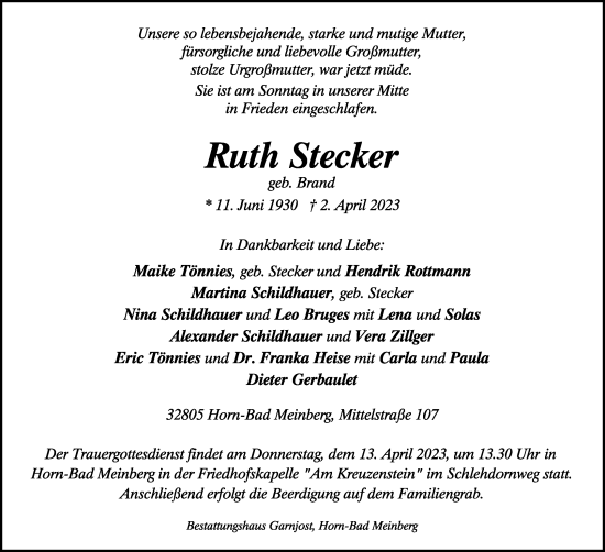 Anzeige  Ruth Stecker  Lippische Landes-Zeitung