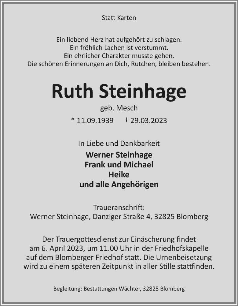  Traueranzeige für Ruth Steinhage vom 01.04.2023 aus Lippische Landes-Zeitung
