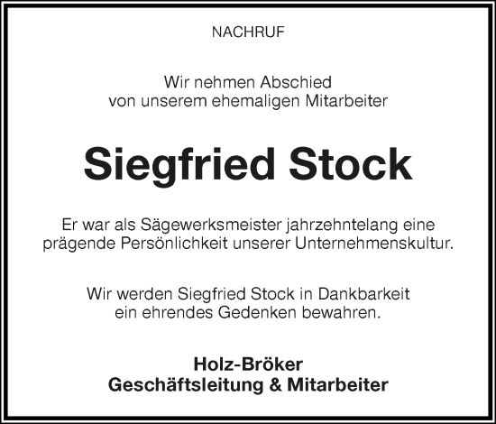 Anzeige  Siegfried Stock  Lippische Landes-Zeitung