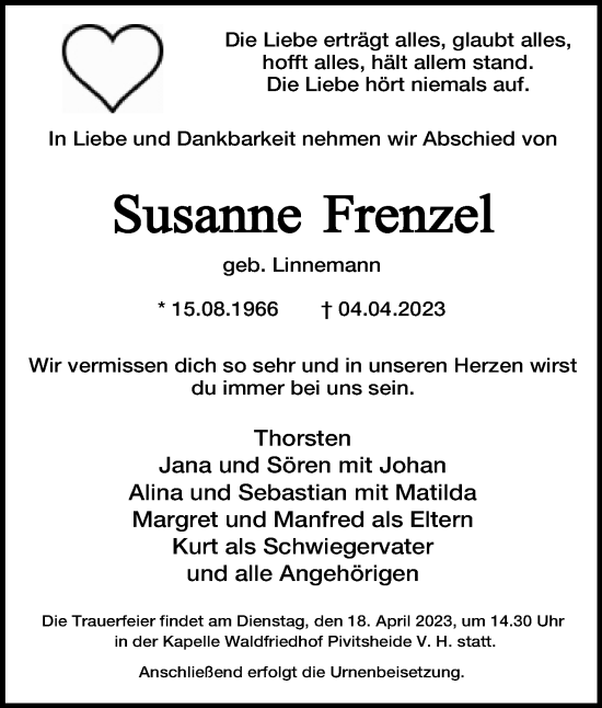Anzeige  Susanne Frenzel  Lippische Landes-Zeitung