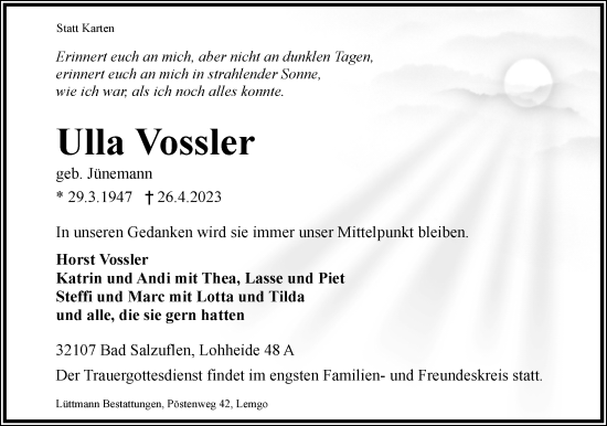 Anzeige  Ulla Vossler  Lippische Landes-Zeitung