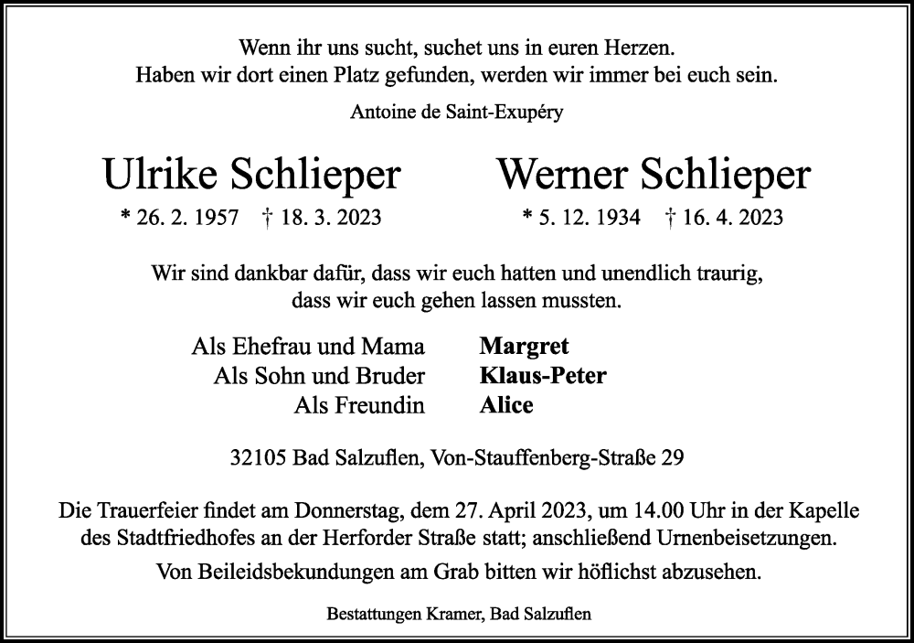  Traueranzeige für Ulrike Schlieper vom 22.04.2023 aus Lippische Landes-Zeitung