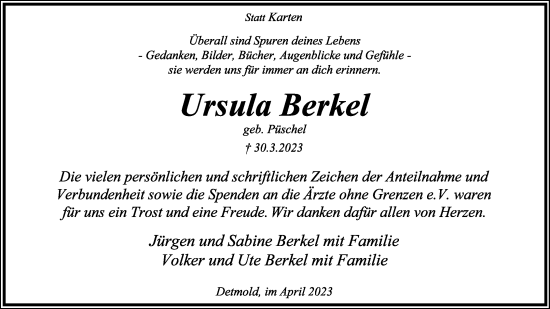 Anzeige  Ursula Berkel  Lippische Landes-Zeitung