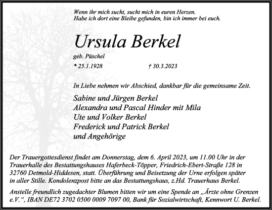 Anzeige  Ursula Berkel  Lippische Landes-Zeitung