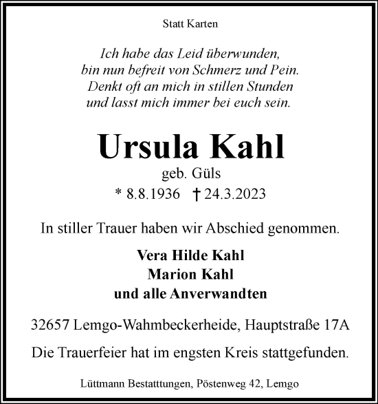 Anzeige  Ursula Kahl  Lippische Landes-Zeitung