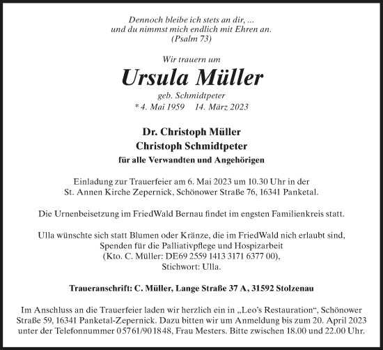 Anzeige  Ursula Müller  Lippische Landes-Zeitung