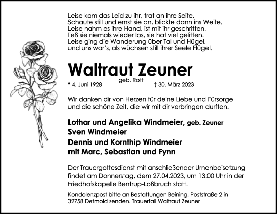 Anzeige  Waltraut Zeuner  Lippische Landes-Zeitung