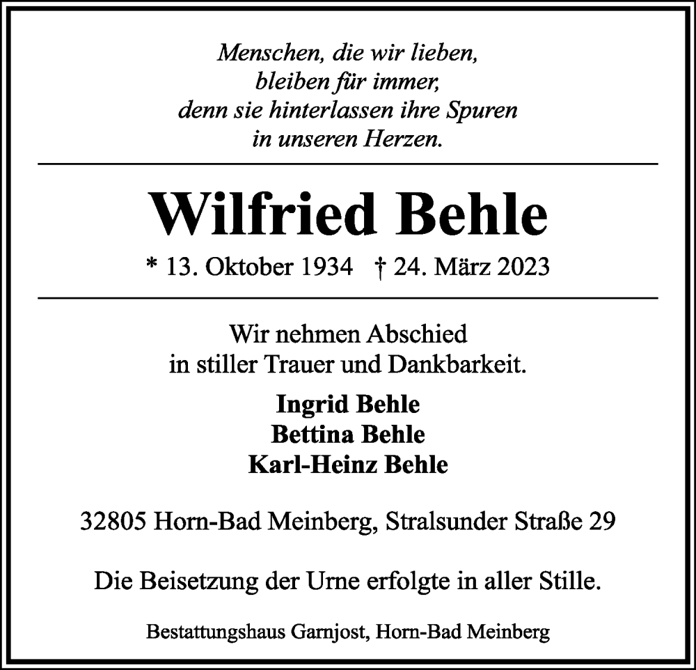  Traueranzeige für Wilfried Behle vom 07.04.2023 aus Lippische Landes-Zeitung