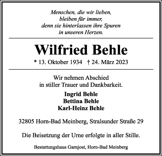 Anzeige  Wilfried Behle  Lippische Landes-Zeitung