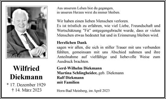 Anzeige  Wilfried Diekmann  Lippische Landes-Zeitung