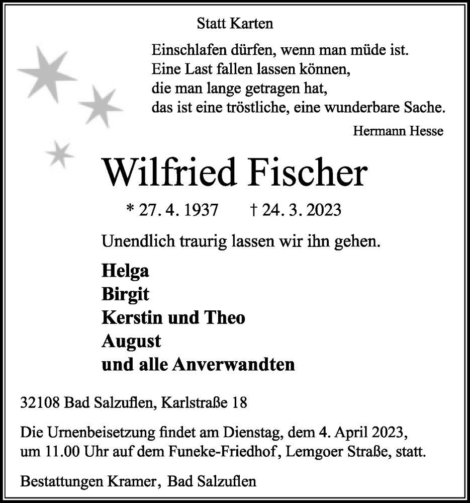  Traueranzeige für Wilfried Fischer vom 01.04.2023 aus Lippische Landes-Zeitung