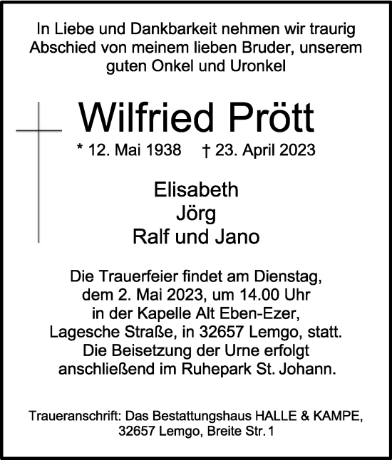 Anzeige  Wilfried Prött  Lippische Landes-Zeitung