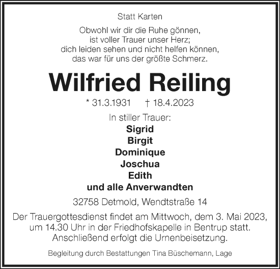 Anzeige  Wilfried Reiling  Lippische Landes-Zeitung