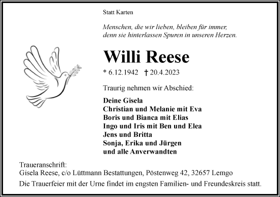 Anzeige  Willi Reese  Lippische Landes-Zeitung