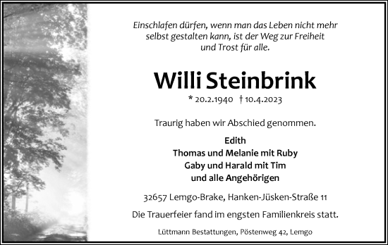 Anzeige  Willi Steinbrink  Lippische Landes-Zeitung