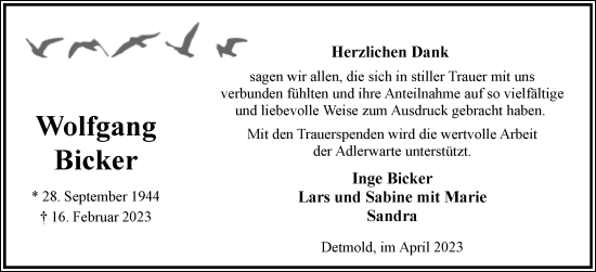 Anzeige  Wolfgang Bicker  Lippische Landes-Zeitung