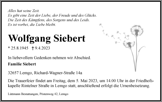 Anzeige  Wolfgang Siebert  Lippische Landes-Zeitung
