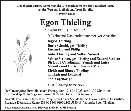 Anzeige  Egon Thieling   Lippische Landes-Zeitung