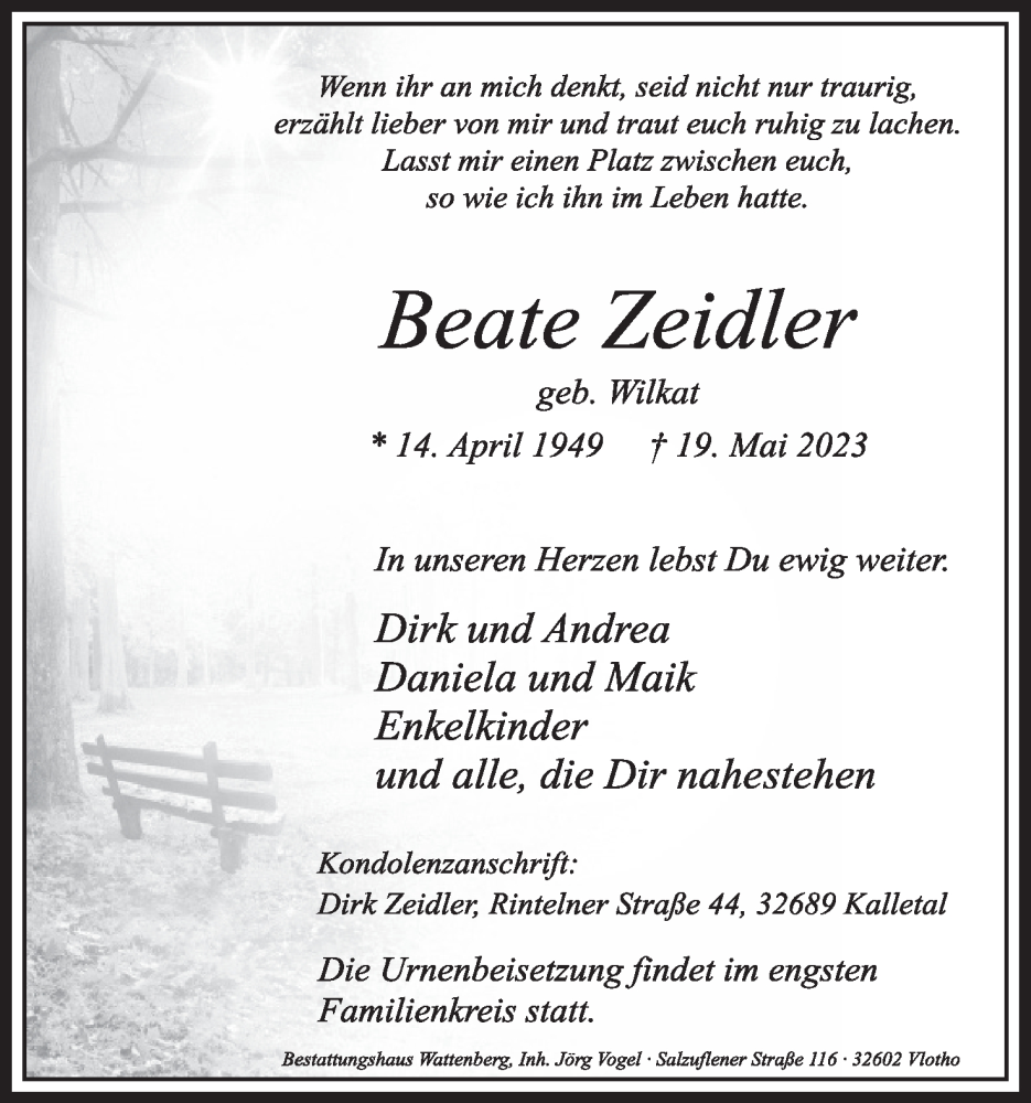  Traueranzeige für Beate Zeidler  vom 27.05.2023 aus Lippische Landes-Zeitung