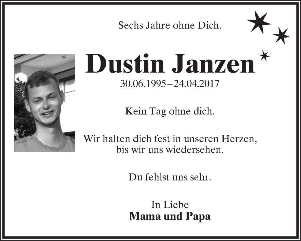  Traueranzeige für Dustin Janzen vom 29.04.2023 aus Lippische Landes-Zeitung