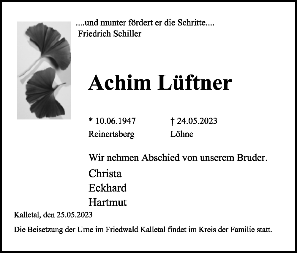  Traueranzeige für Achim Lüftner vom 27.05.2023 aus Lippische Landes-Zeitung