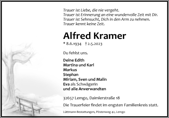 Anzeige  Alfred Kramer  Lippische Landes-Zeitung