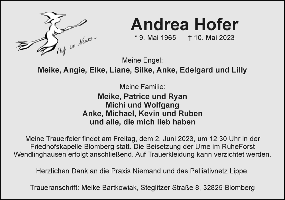  Traueranzeige für Andrea Hofer vom 13.05.2023 aus Lippische Landes-Zeitung