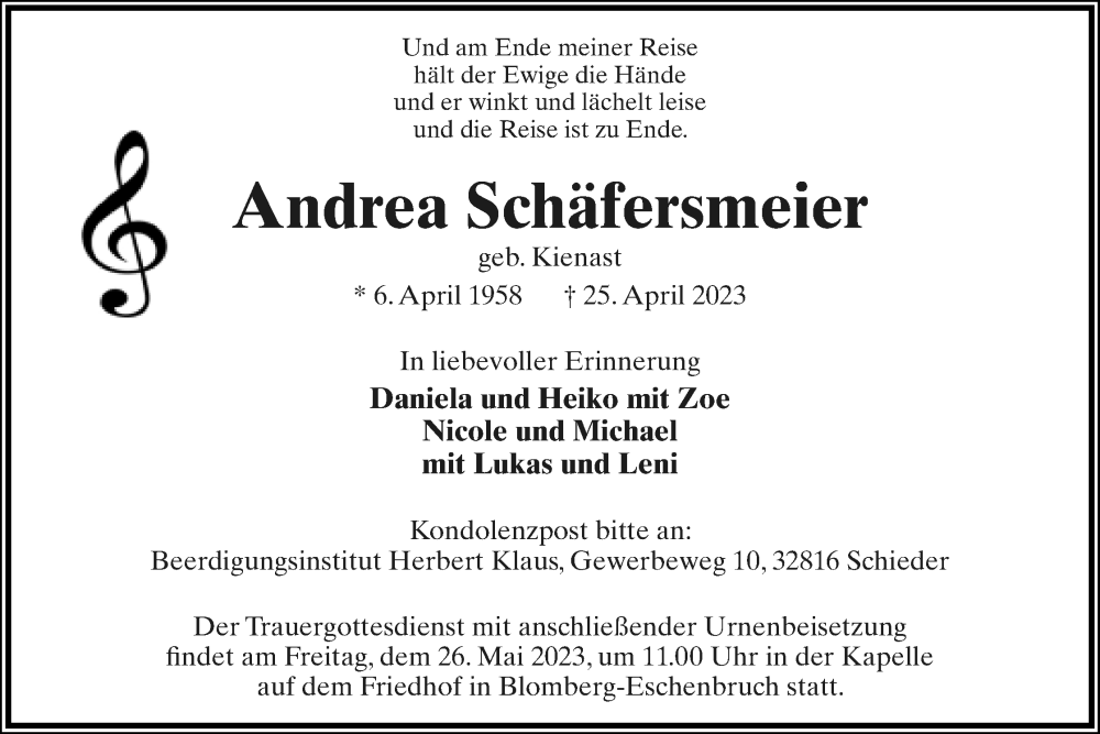  Traueranzeige für Andrea Schäfersmeier vom 20.05.2023 aus Lippische Landes-Zeitung