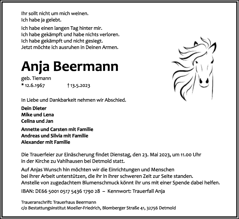  Traueranzeige für Anja Beermann  vom 20.05.2023 aus Lippische Landes-Zeitung