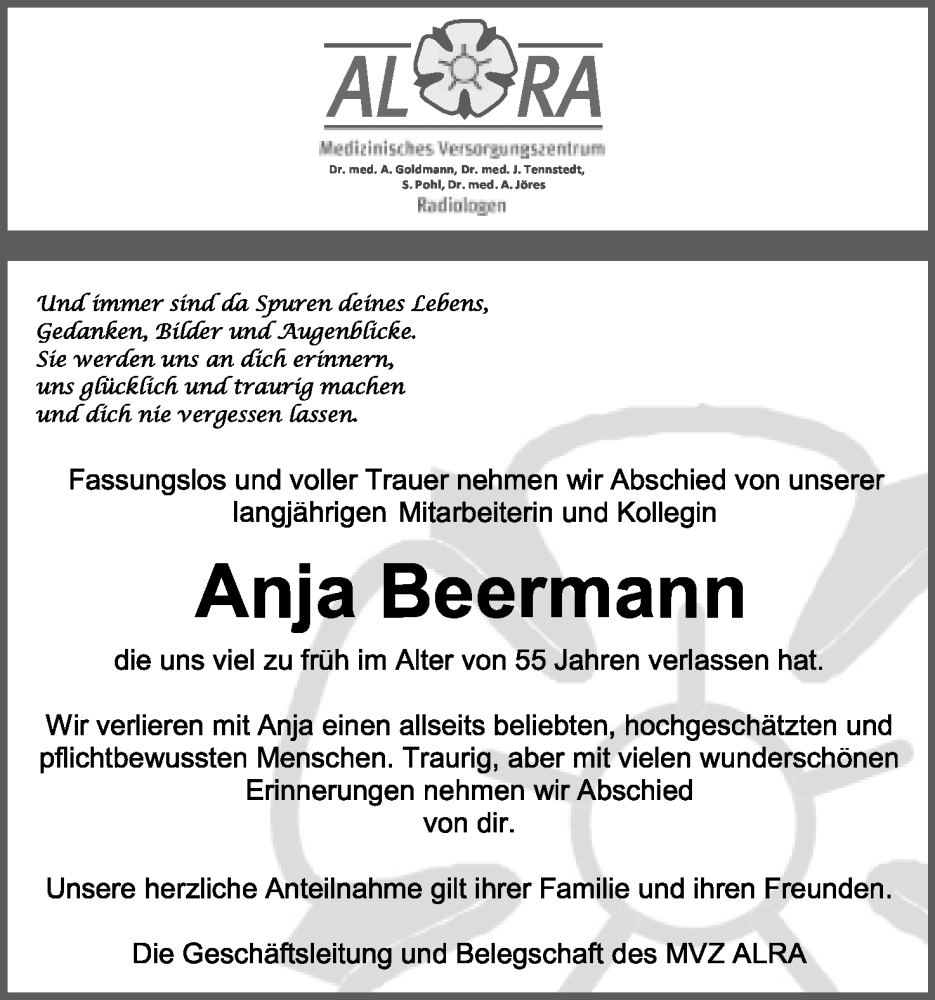  Traueranzeige für Anja Beermann  vom 20.05.2023 aus Lippische Landes-Zeitung