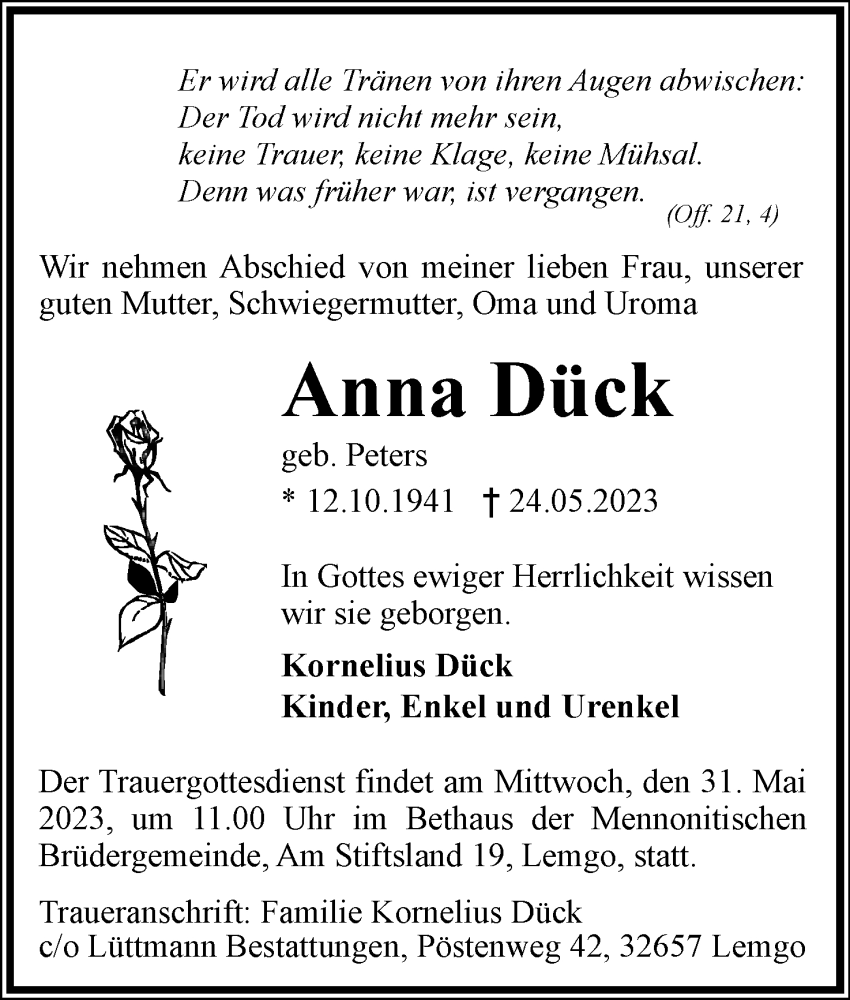  Traueranzeige für Anna Dück vom 27.05.2023 aus Lippische Landes-Zeitung