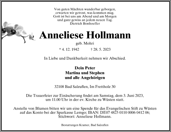 Anzeige  Anneliese Hollmann  Lippische Landes-Zeitung