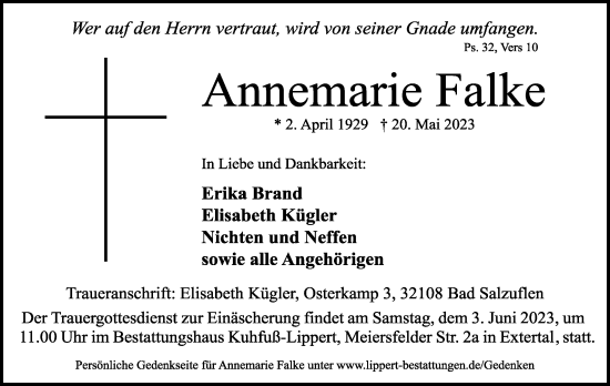 Anzeige  Annemarie Falke  Lippische Landes-Zeitung
