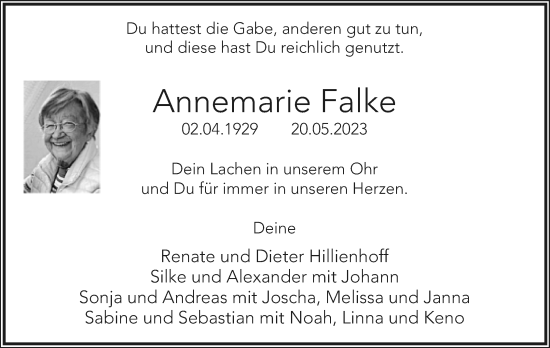 Anzeige  Annemarie Falke  Lippische Landes-Zeitung