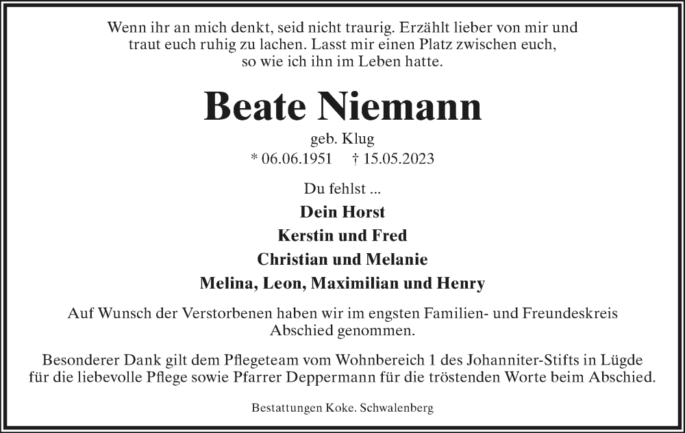  Traueranzeige für Beate Niemann vom 27.05.2023 aus Lippische Landes-Zeitung