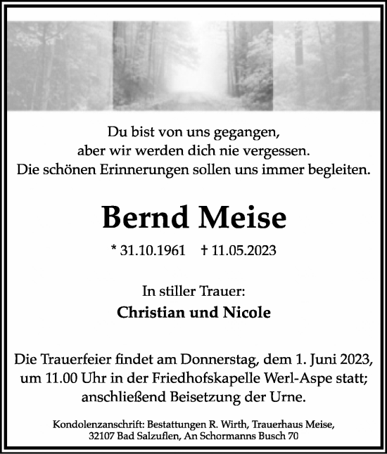 Anzeige  Bernd Meise  Lippische Landes-Zeitung