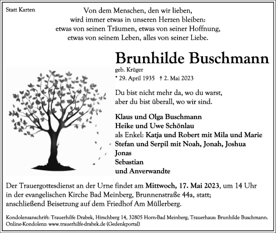 Anzeige  Brunhilde Buschmann  Lippische Landes-Zeitung