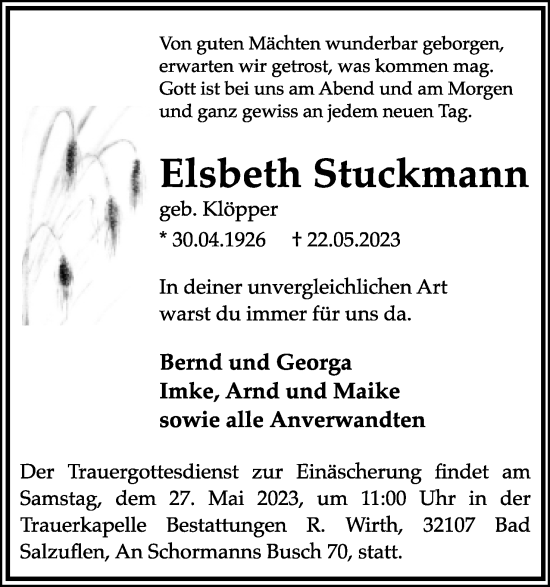 Anzeige  Elsbeth Stuckmann  Lippische Landes-Zeitung