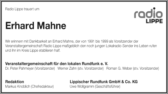 Anzeige  Erhard Mahne  Lippische Landes-Zeitung